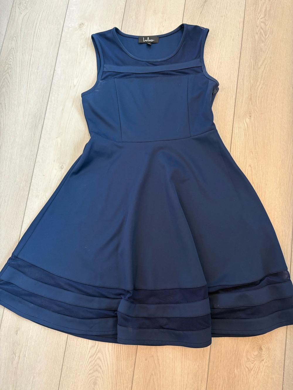 Lulu's Navy Fit & Flare Dress with Mesh Trim